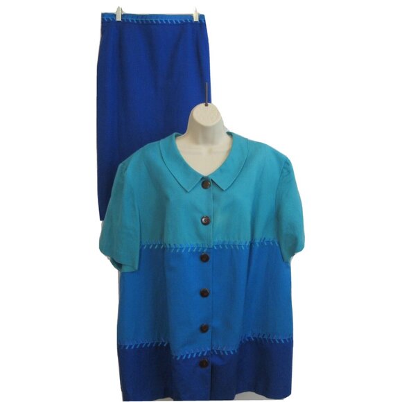 Positive Attitude Women’s 2-Piece Suit Jacket Skirt Size 26 Blues Linen Blend - Picture 1 of 14